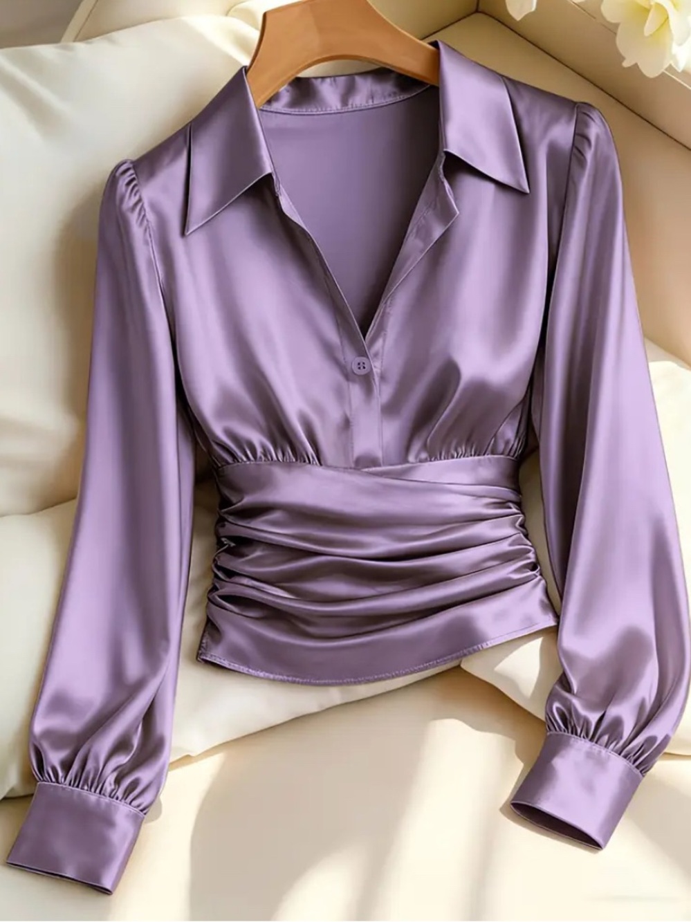 Satin Ruched Waist Lavender Blouse with Classic Collar